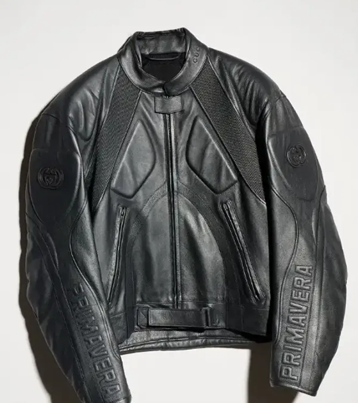 Buy BTS Jin Gucci Primavera GG Black Embossed Leather Motorcycle Biker Jacket