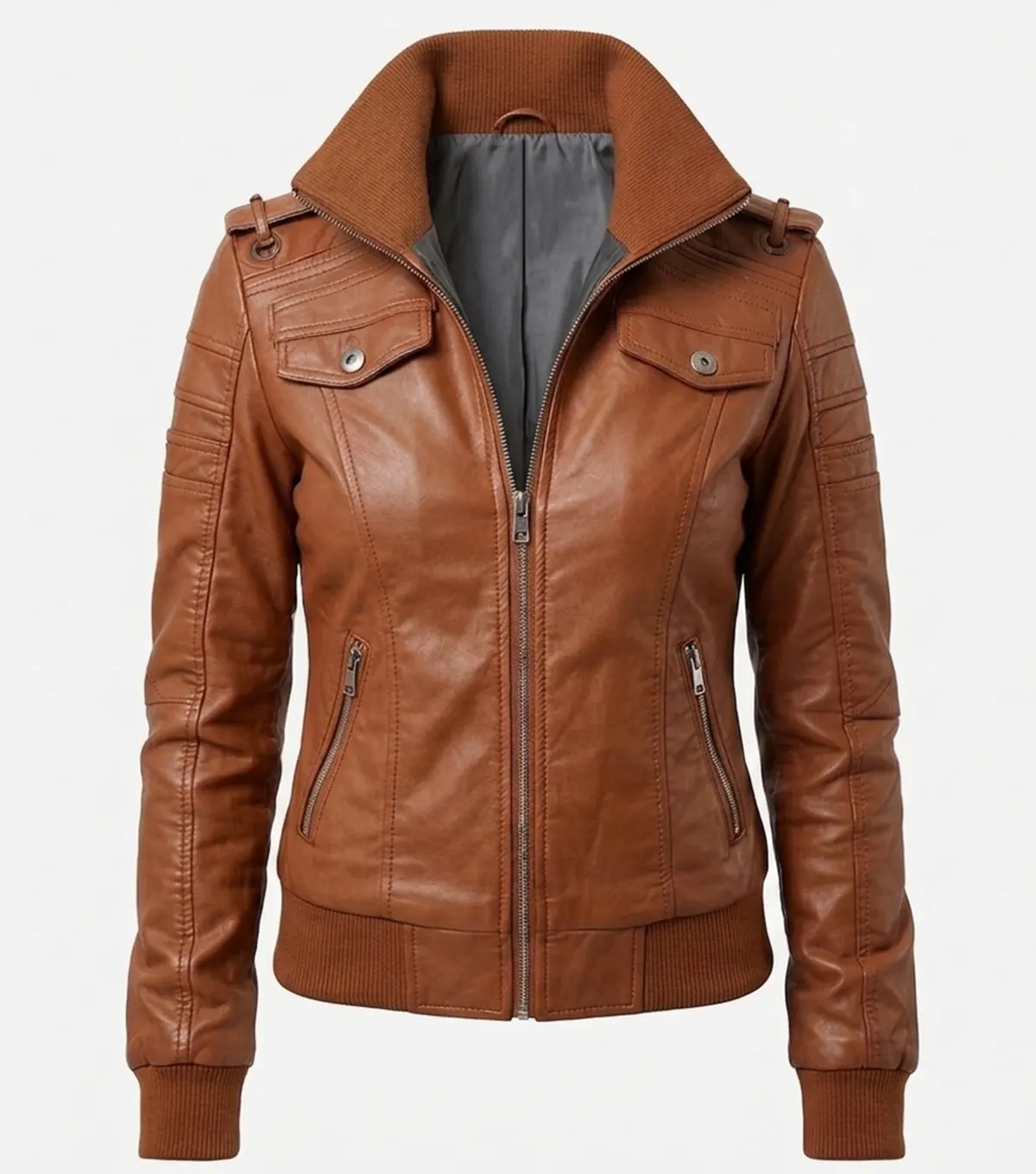 Buy Brown Bomber Jacket Women Leather with Sheepskin