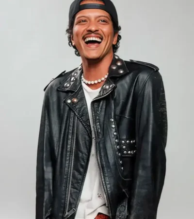 Buy Bruno Mars Apt Song Black Studded Leather Motorcycle Jacket On Sale