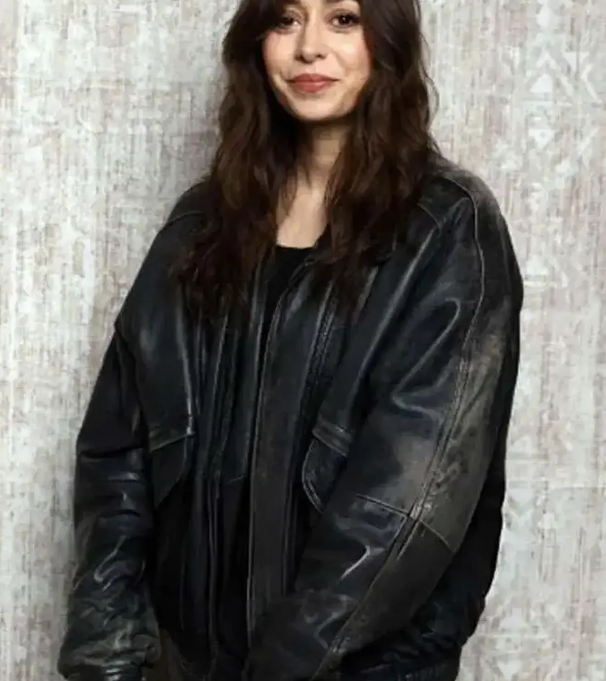 Buy Buddy 2026 Cristin Milioti Oversized Black Distressed Leather Bomber Jacket For Sale