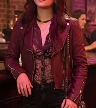 Buy Charlie Harper Emilia Jones Asymmetric Style Maroon Biker Leather Jacket For Sale