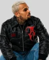 Buy Chris Brown Auracles x Pelle Pelle Topography Black Leather Bomber Jacket On Sale