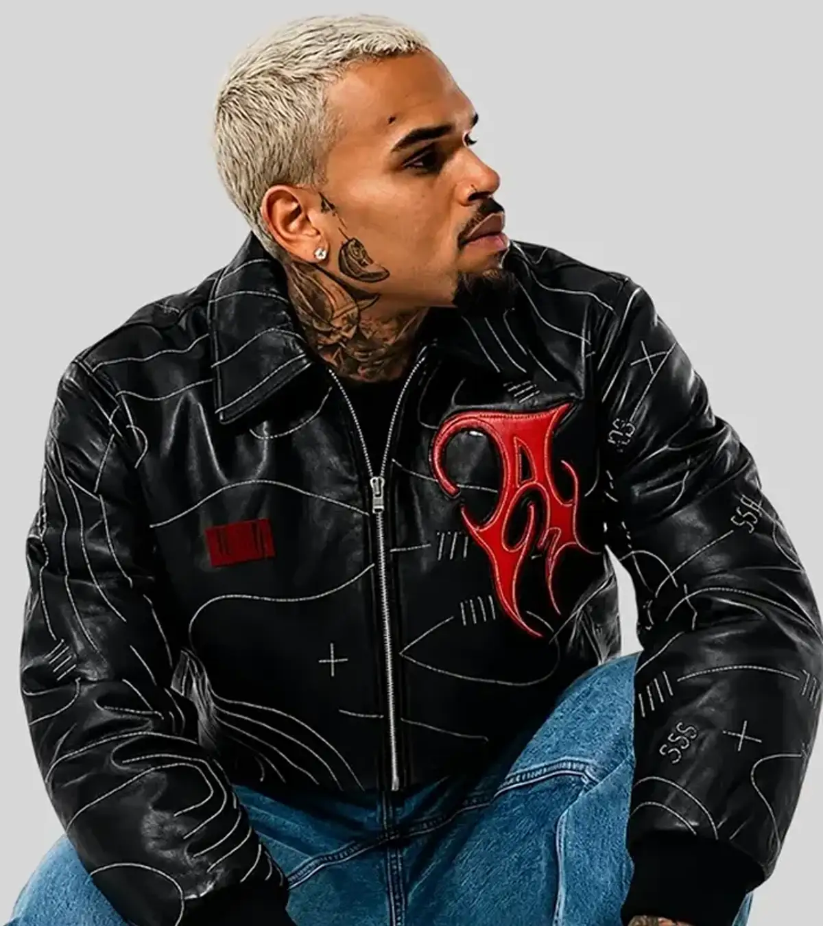 Buy Chris Brown Auracles x Pelle Pelle Topography Black Leather Bomber Jacket On Sale