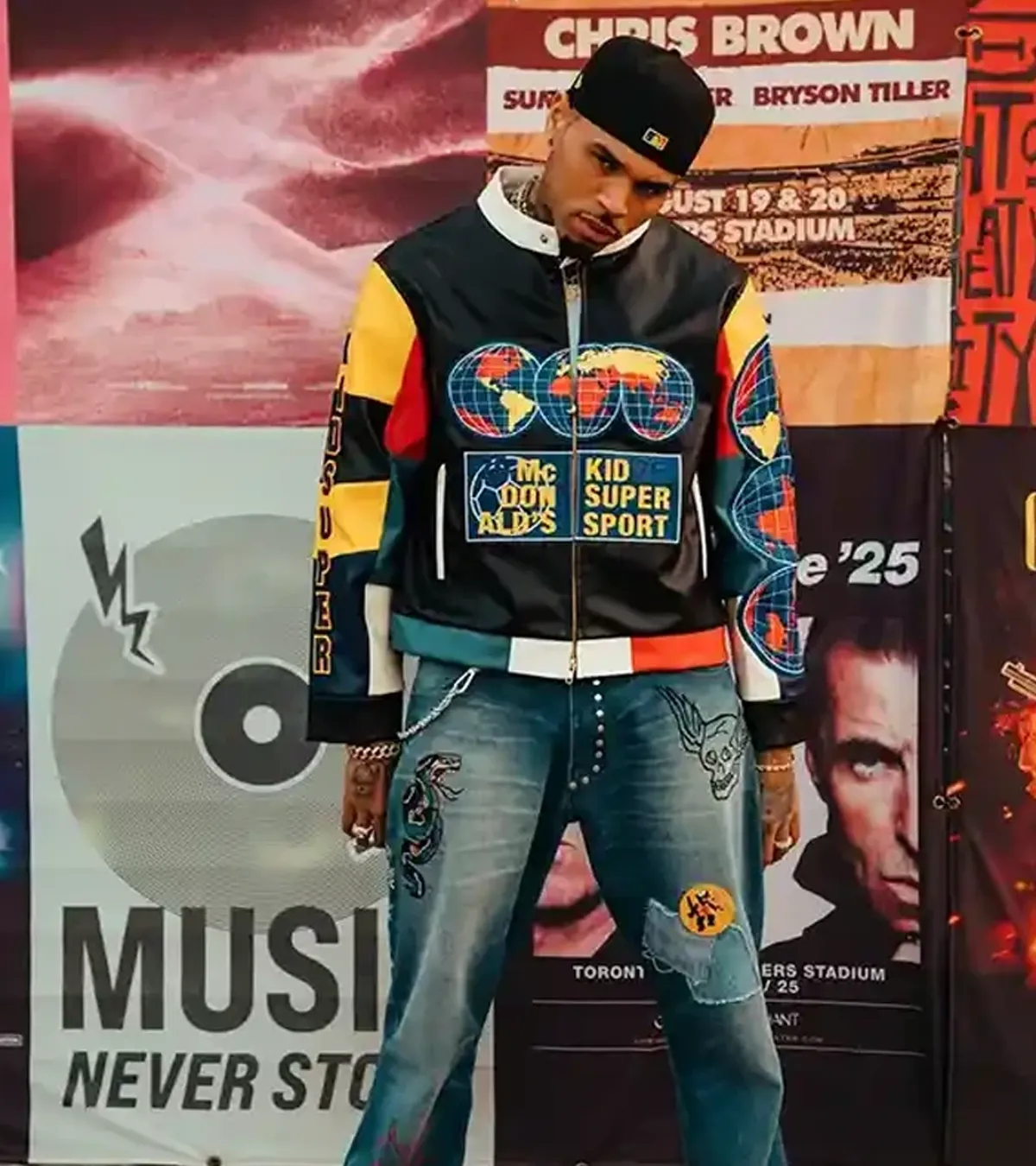Buy Chris Brown KidSuper x McDonald’s Black Moto Cafe Racer Leather Jacket For Sale