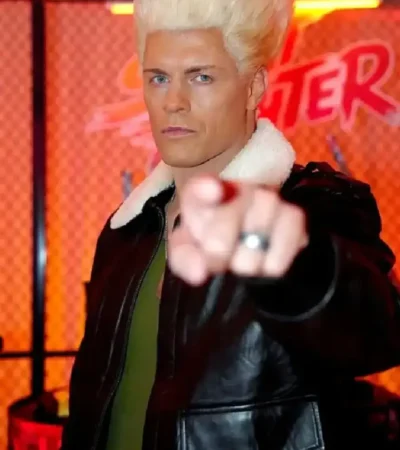 Buy Cody Rhodes Street Fighter Trailer Launch Party 2026 Shearling Black Aviator Bomber Leather Jacket On Sale