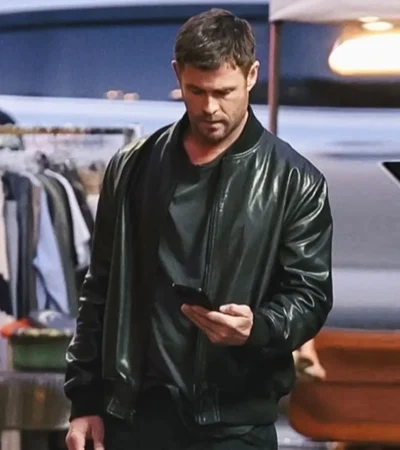 Buy Crime 101 Chris Hemsworth 2026 Davis Black Bomber Leather Jacket For Sale