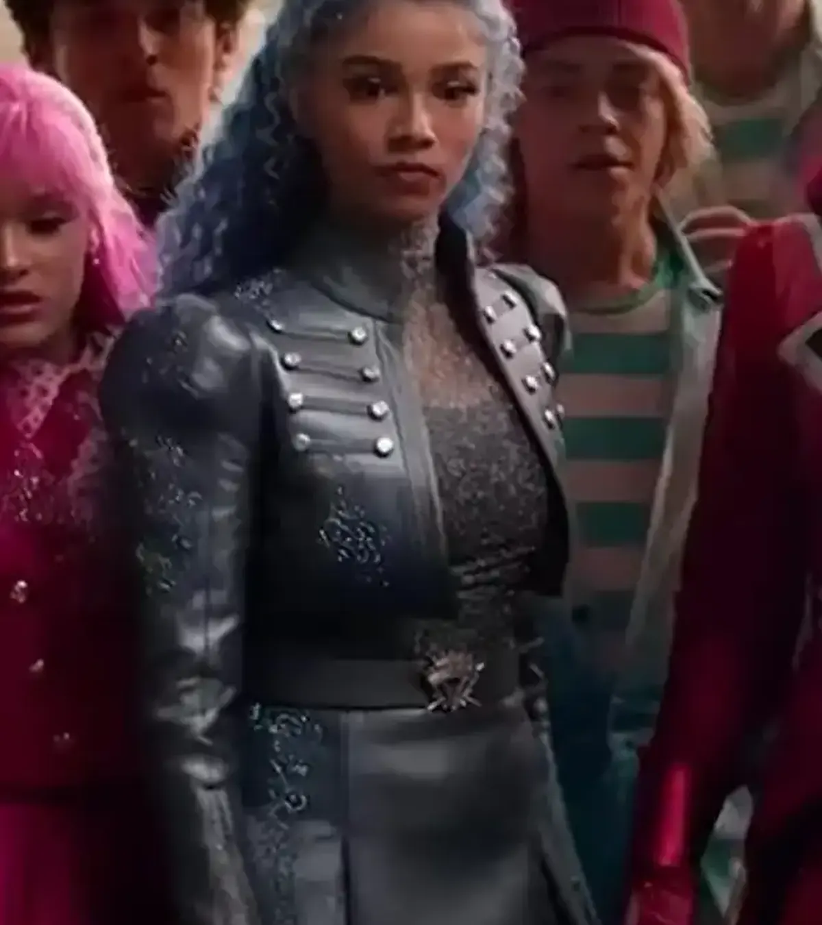 Buy Descendants Wicked Wonderland 2026 Malia Baker Blue Cropped Leather Jacket On Sale