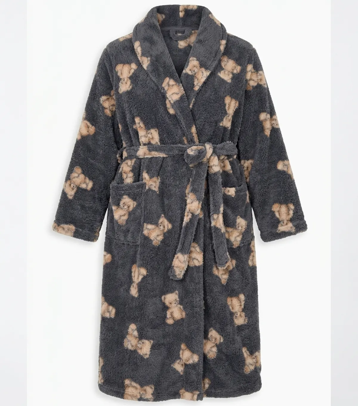Buy Grey Teddy Bear Print Shawl Collar Fleece Bathrobe
