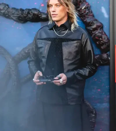 Buy Jamie Campbell Bower Stranger Things Emmys FYSEE Event 2026 Black Hybrid Leather Shacket For Sale