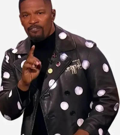 Buy Jamie Foxx Beat Shazam S08 Polka Dot Black Leather Coat On Sale