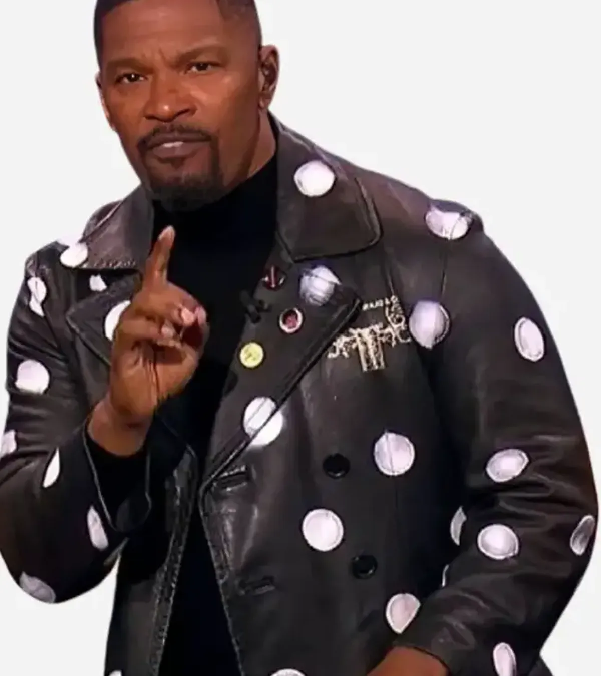 Buy Jamie Foxx Beat Shazam S08 Polka Dot Black Leather Coat On Sale