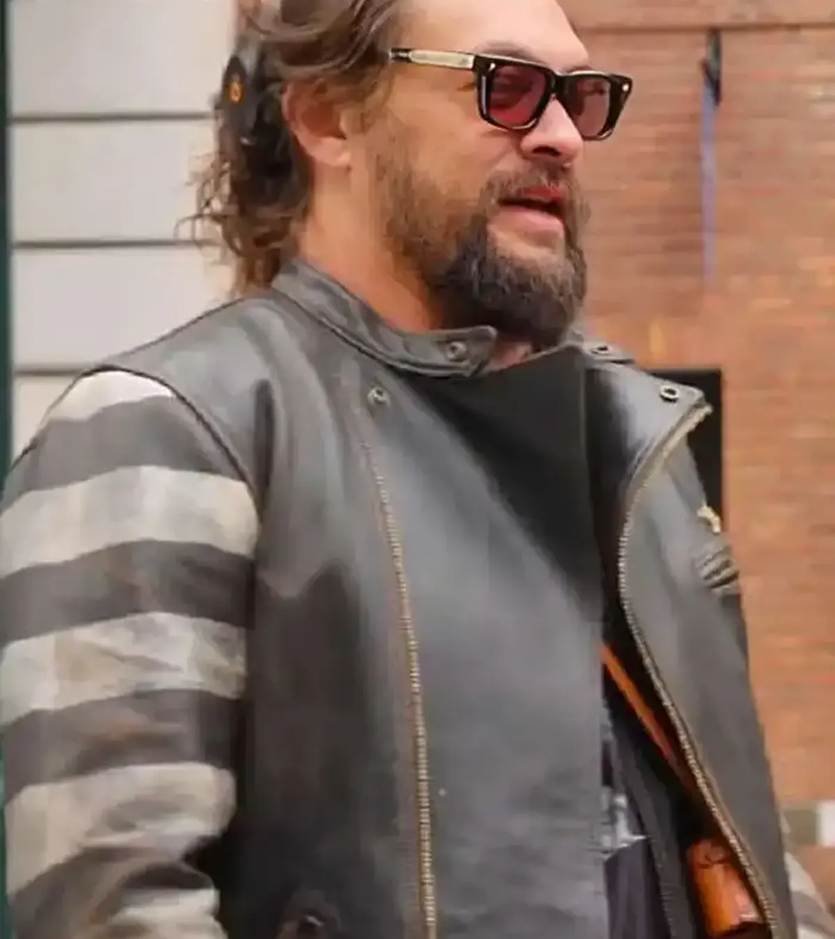 Buy Jason Momoa TV Series On The Roam 2026 Vintage Striped Leather Jacket On Sale