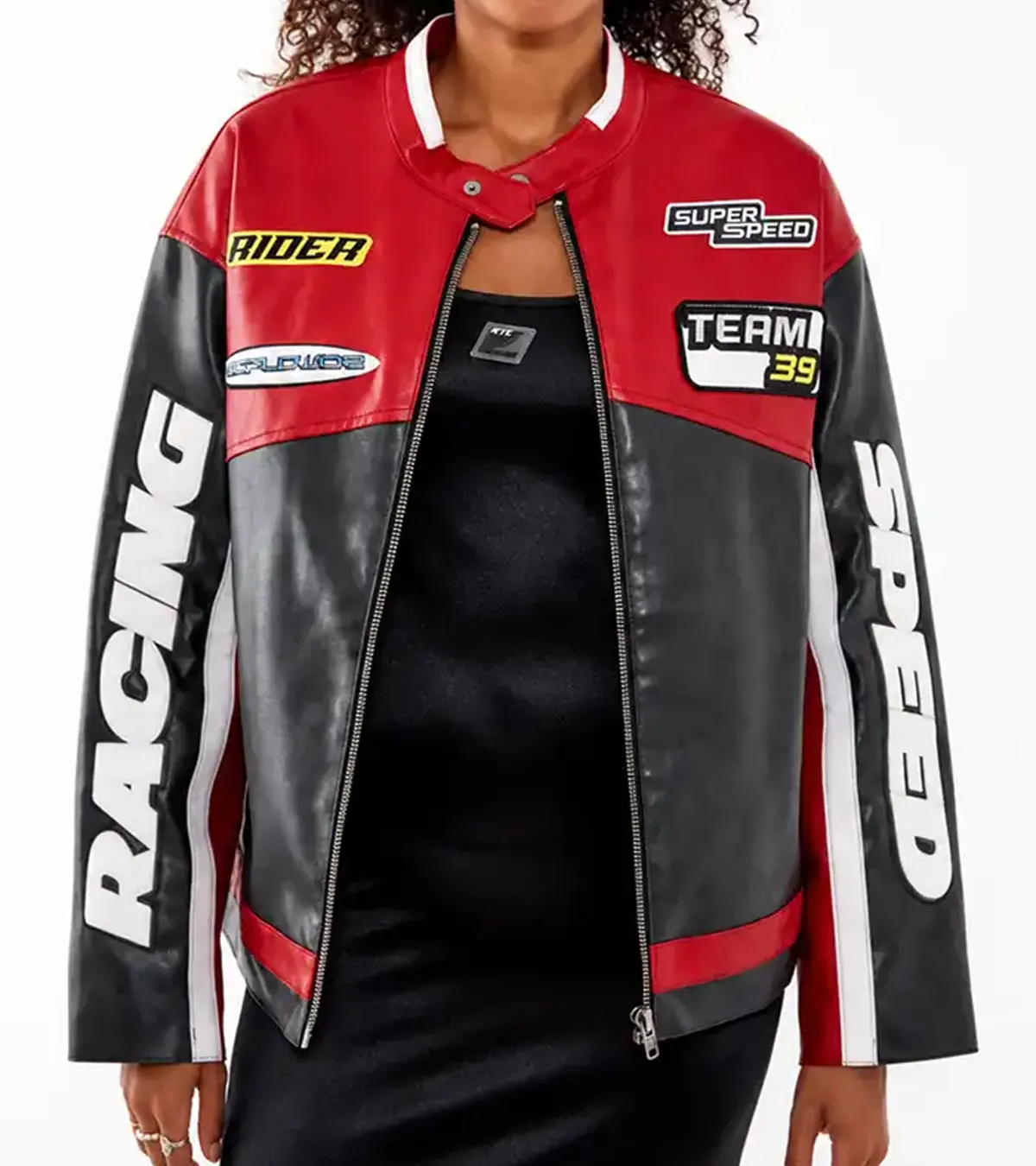 Buy Jessica Jarrel Lot Patrol Private Screening Black and Red Leather Jacket On Sale