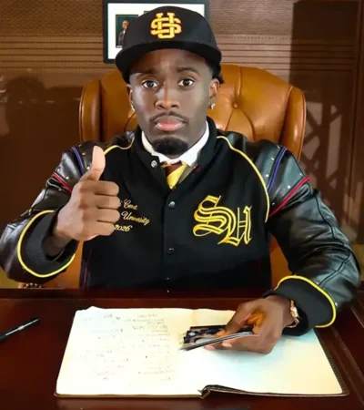 Buy Kai Cenat Custom Streamer University Black Leather Varsity Jacket For Sale