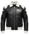 Buy Marty Supreme Star Timothée Chalamet Black and White Bomber Leather Jacket For Sale