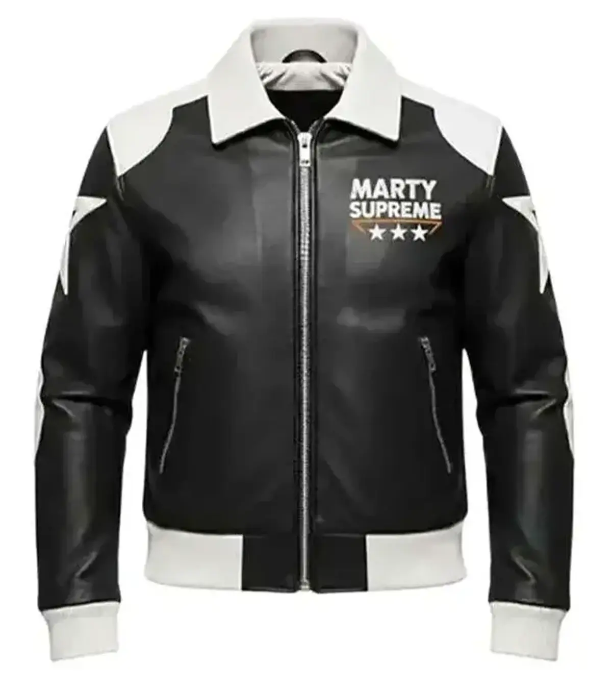 Buy Marty Supreme Star Timothée Chalamet Black and White Bomber Leather Jacket For Sale