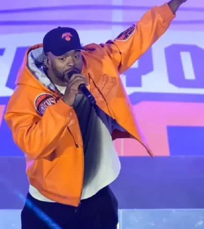 Buy Method Man Halftime Show NBA Knicks vs. Cavs Game 2 Orange Leather Bomber Jacket For Sale