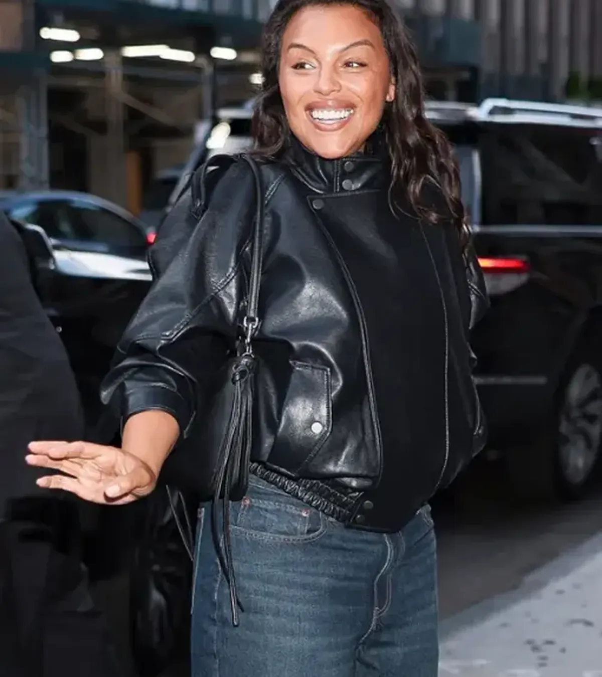Buy Paloma Elsesser New York City 2026 Black Oversized Leather Bomber Jacket For Sale
