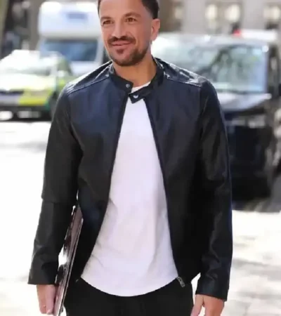 Buy Peter Andre London Heart 90’s Global Radio Studios Black Leather Jacket On Sale