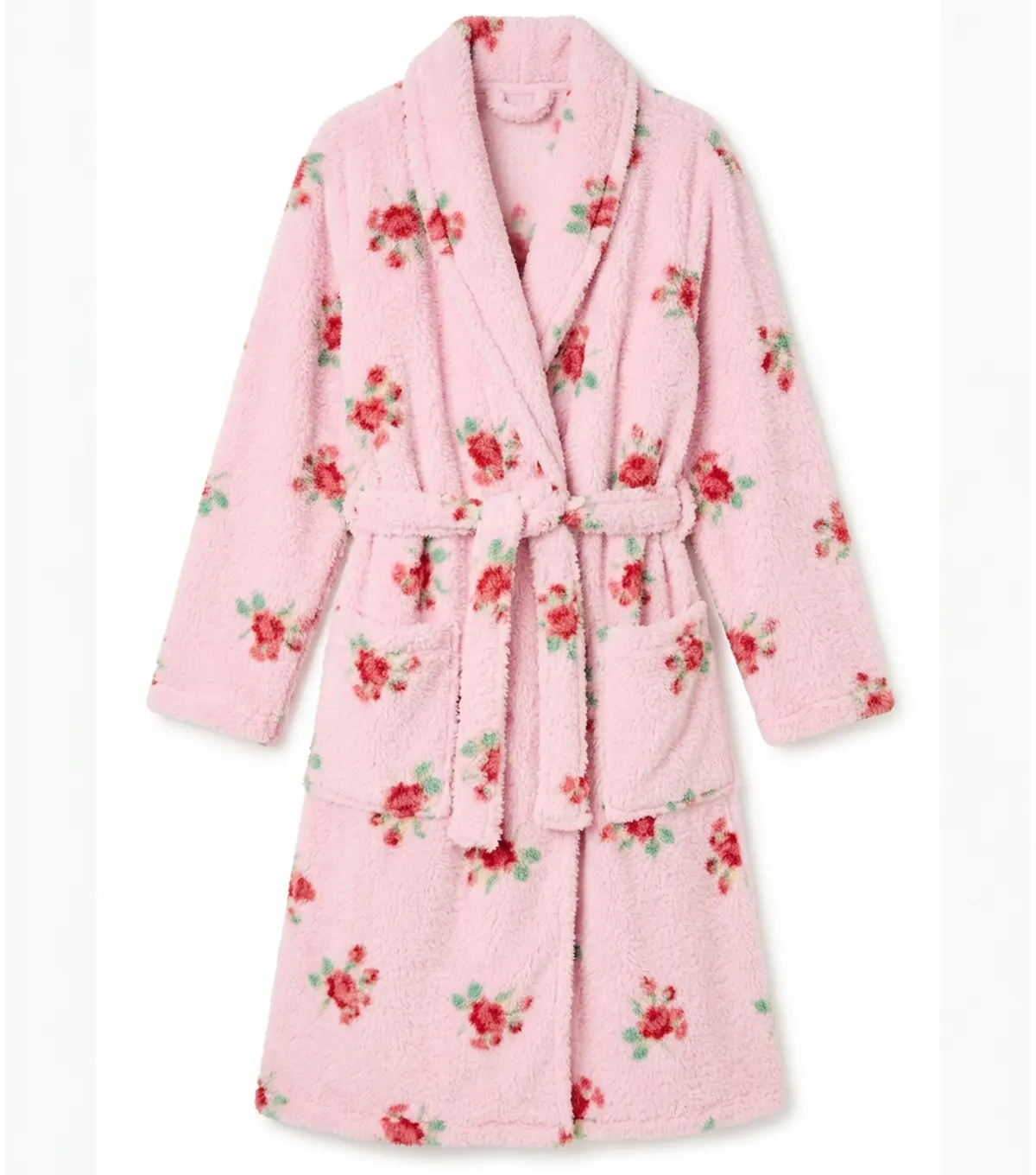 Buy Rose Floral Print Shawl Collar Fleece Bathrobe