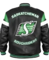 Buy Saskatchewan Roughriders Team Logo Black Varsity Leather Bomber Jacket For Sale
