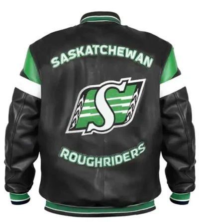 Buy Saskatchewan Roughriders Team Logo Black Varsity Leather Bomber Jacket For Sale