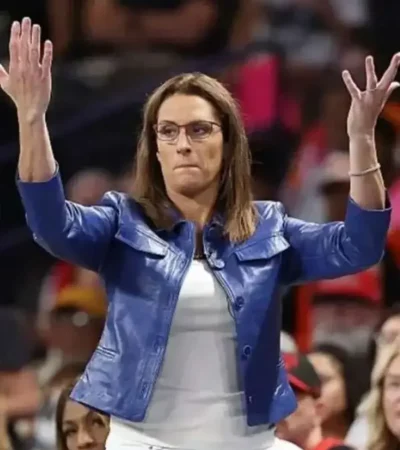 Buy Stephanie White WNBA Playoffs Blue Cropped Leather Jacket For Sale