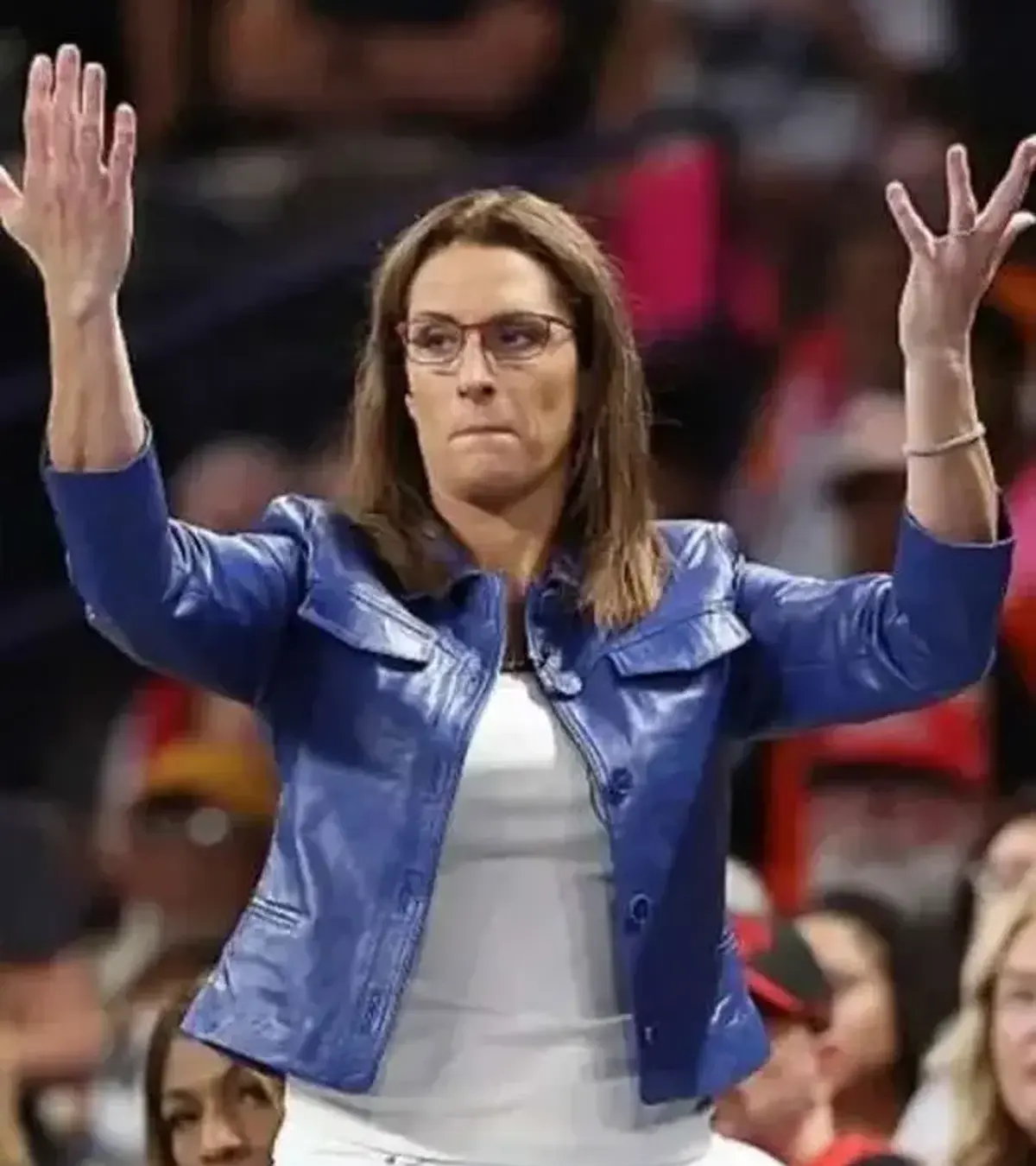 Buy Stephanie White WNBA Playoffs Blue Cropped Leather Jacket For Sale