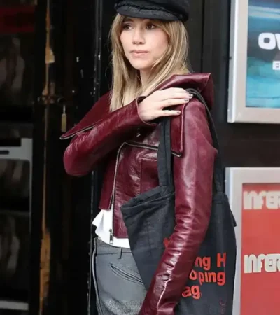 Buy Suki Waterhouse Rough Trade Notting Hill London 2026 Burgundy Leather Jacket For Sale