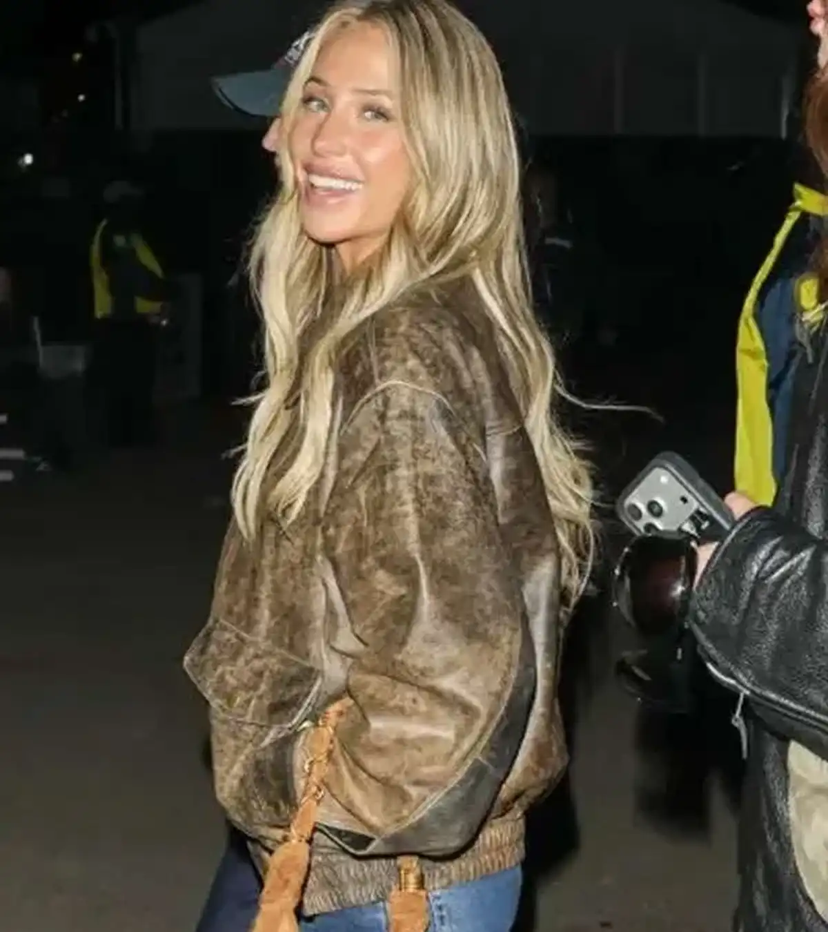 Buy Super Bowl LX Brunch 2026 Alix Earle Distressed Brown Vintage Leather Bomber Jacket For Sale