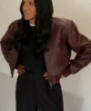 Buy TV Series Honest Renovations Season 04 Lizzy Mathis Burgundy Bomber Leather Jacket On Sale