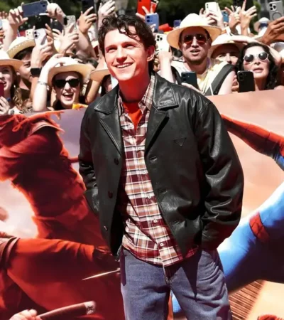 Buy Tom Holland Spider Man Brand New Day 2026 Madrid Press Tour Black Leather Jacket For Sale