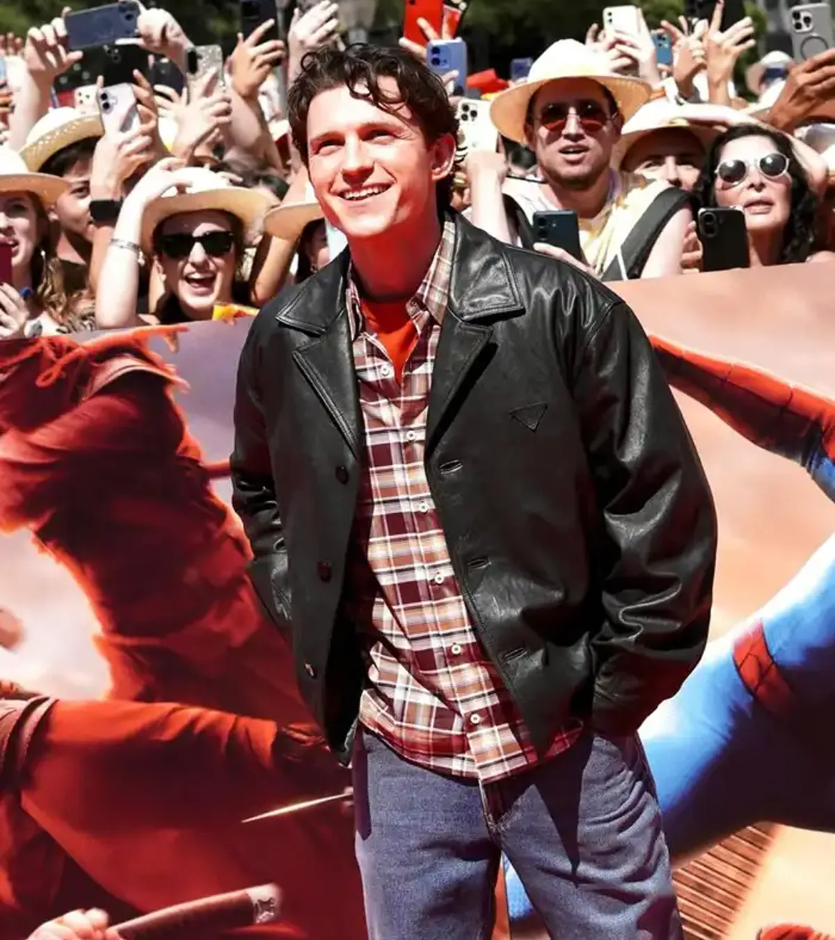 Buy Tom Holland Spider Man Brand New Day 2026 Madrid Press Tour Black Leather Jacket For Sale