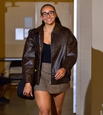 Buy WNBA Haley Jones 2026 Pregame Arrival Brown Leather Jacket On Sale