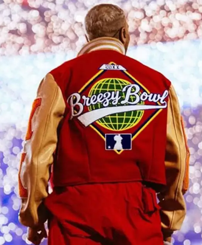 Chris Brown Breezy Bowl XX Red and Beige Letterman Varsity Jacket Back