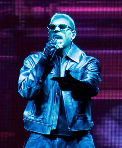 Chris Brown Nashville R&B Tour 2026 Black Leather Jacket Closeup