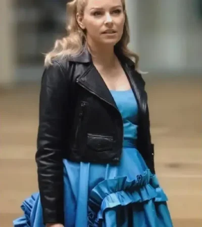 Get Elizabeth Banks The Miniature Wife 2026 Black Cropped Biker Leather Jacket On Sale