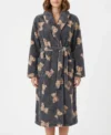 Grey Teddy Bear Print Shawl Collar Fleece Bathrobe