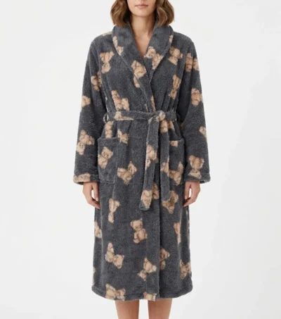 Grey Teddy Bear Print Shawl Collar Fleece Bathrobe