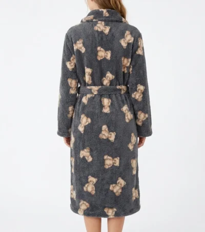 Grey Teddy Bear Print Shawl Collar Fleece Bathrobe back