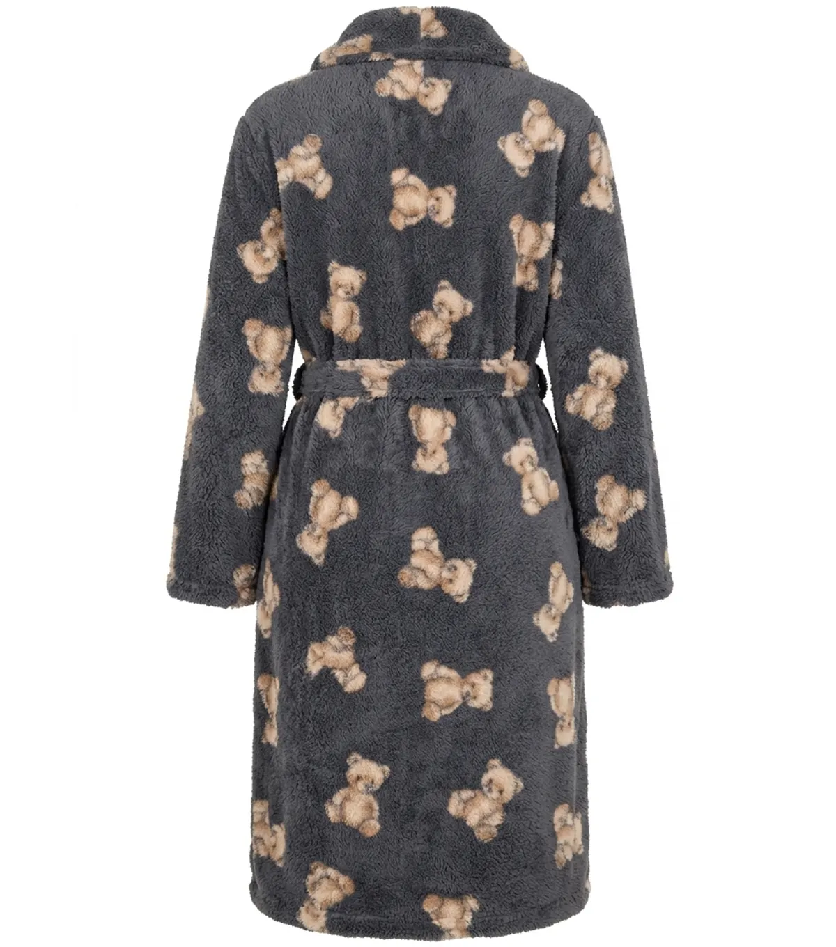 Grey Teddy Bear Print Shawl Collar Fleece Bathrobe back view