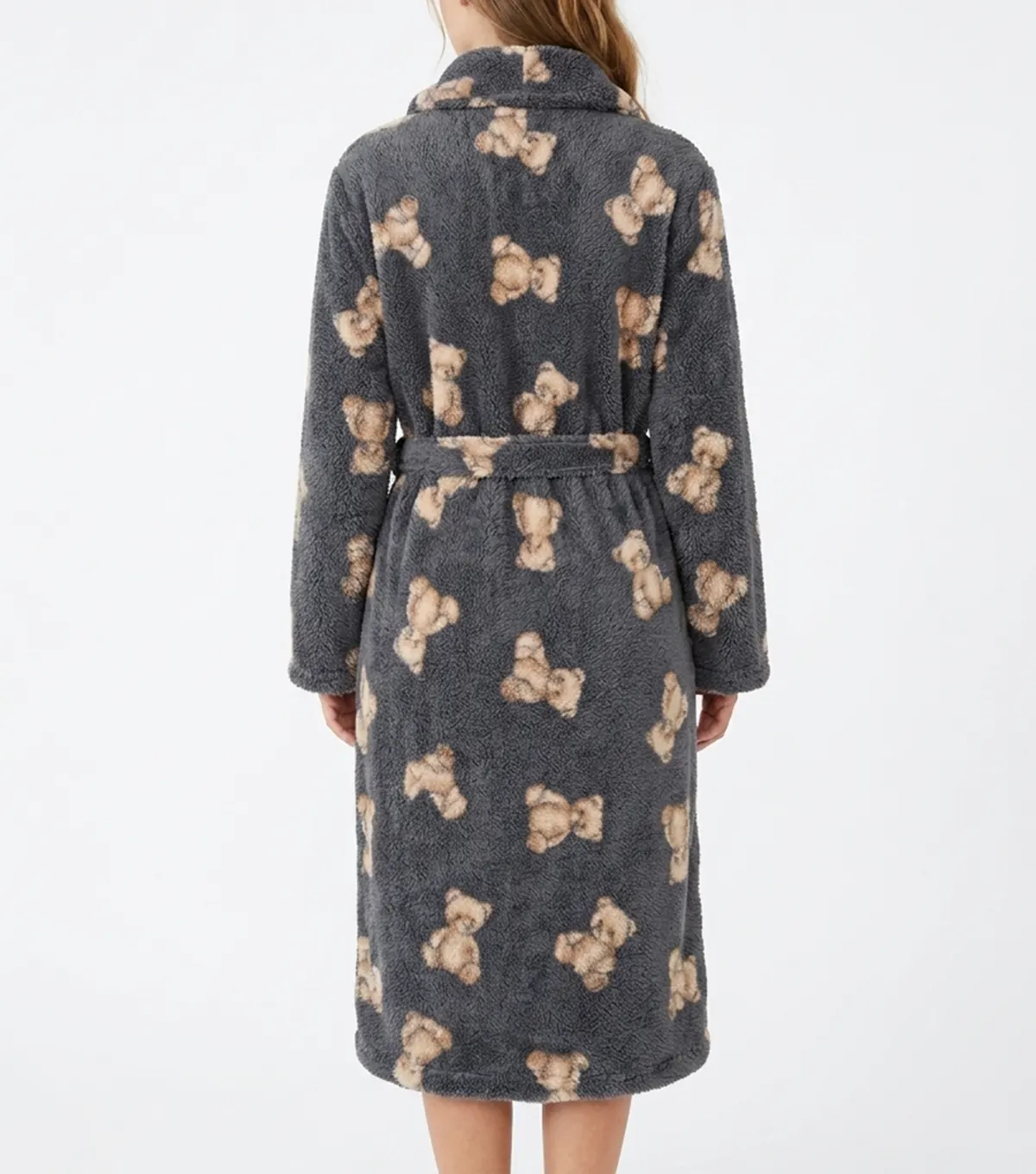 Grey Teddy Bear Print Shawl Collar Fleece Bathrobe back