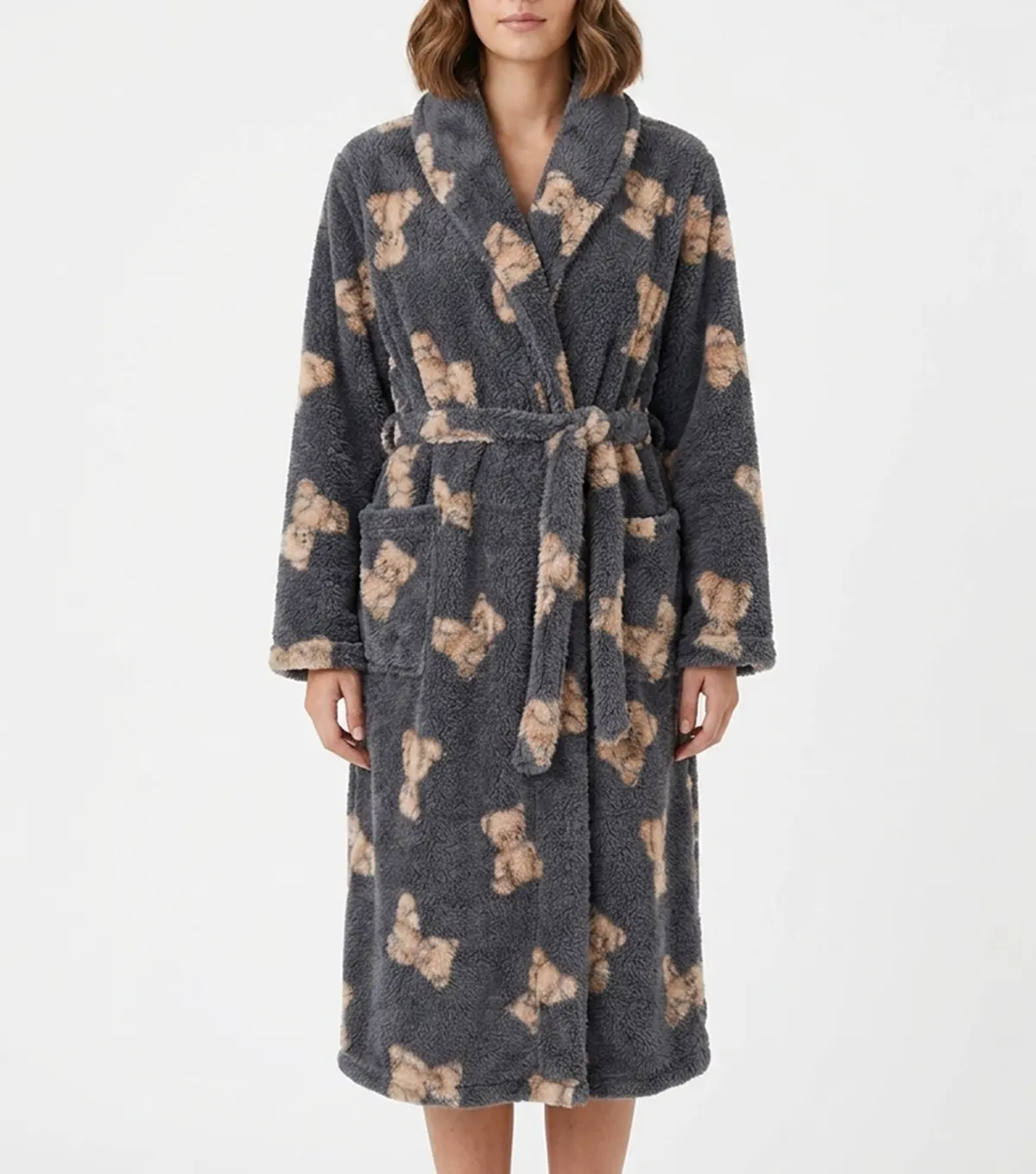 Grey Teddy Bear Print Shawl Collar Fleece Bathrobe