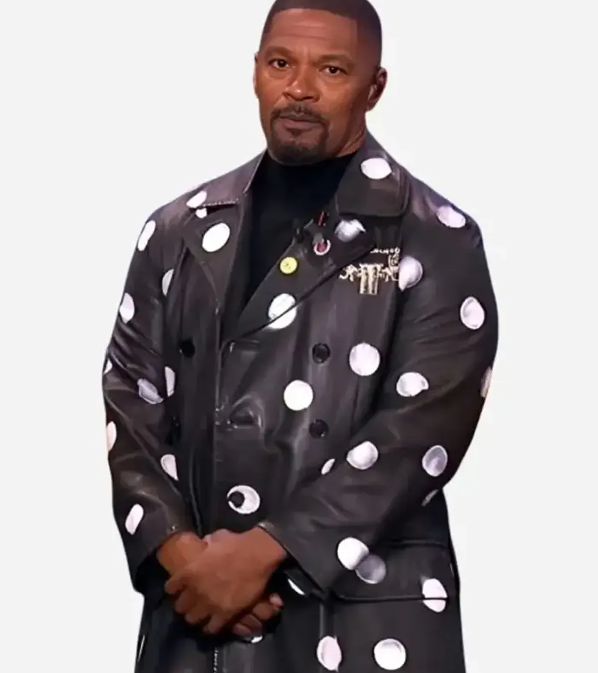 Jamie Foxx Beat Shazam S08 Polka Dot Black Leather Coat On Sale