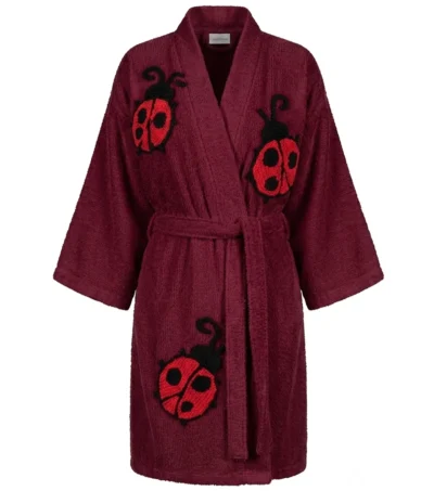 Lady Bug Tufted Chenille Bathrobe Kimono Style Maroon