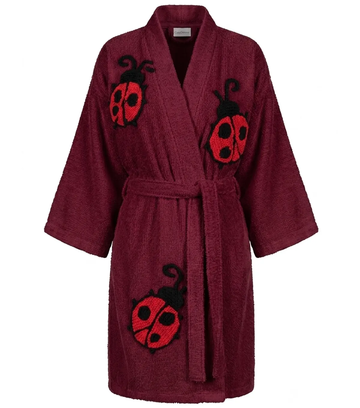 Lady Bug Tufted Chenille Bathrobe Kimono Style Maroon