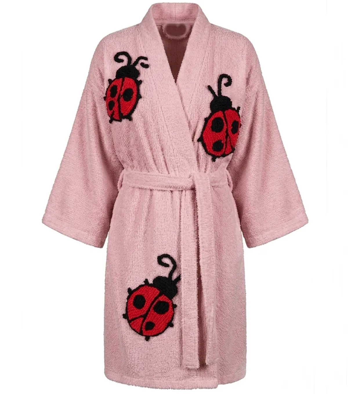 Lady Bug Tufted Chenille Bathrobe Kimono Style Pink