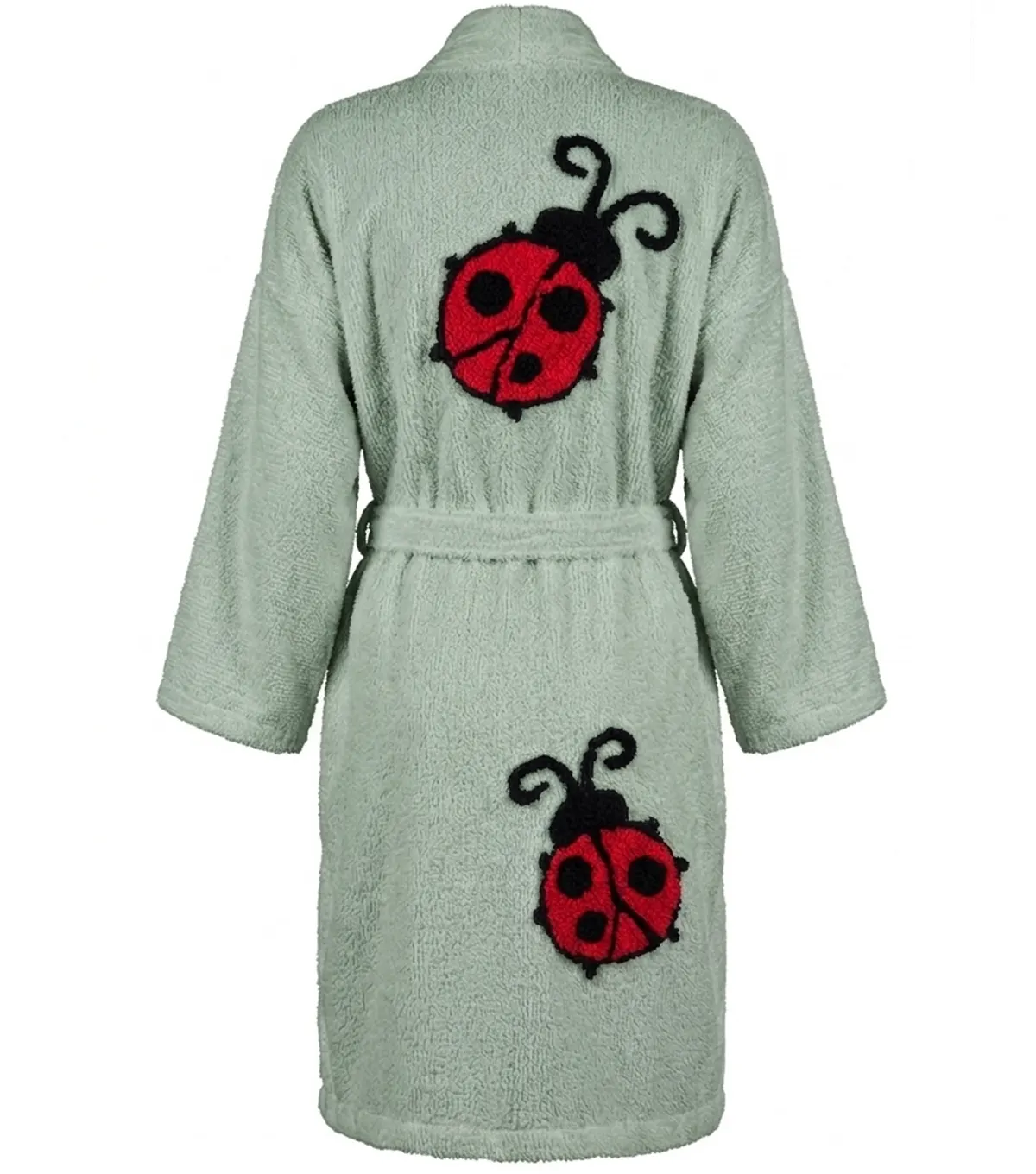 Lady Bug Tufted Chenille Bathrobe Kimono Style Sage Green