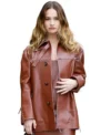 Lily James Brown Leather Jacket