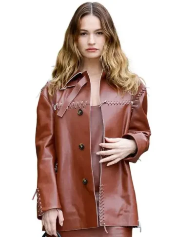 Lily James Brown Leather Jacket
